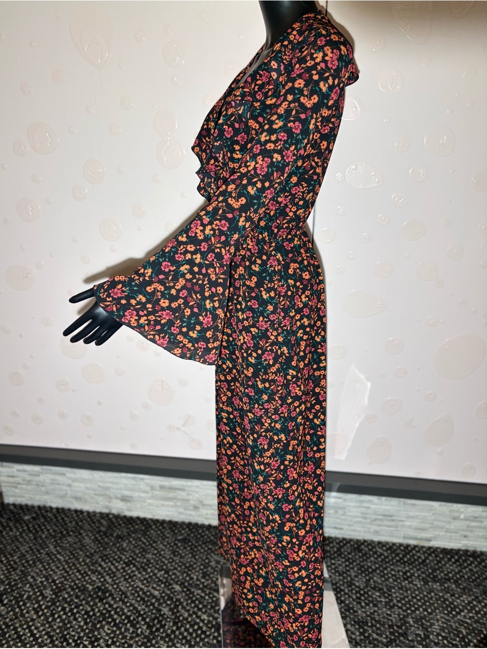 Band of Gypsies Black Floral Bell Sleeve Maxi Dress Boho Whimsygoth Size XS
